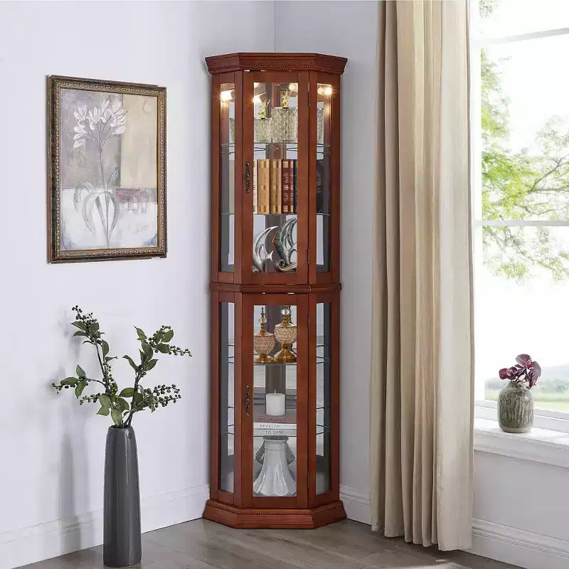 Vitrine d'angle en merisier/chêne/noyer avec portes vitrées et étagères réglables, vitrine à 2 portes