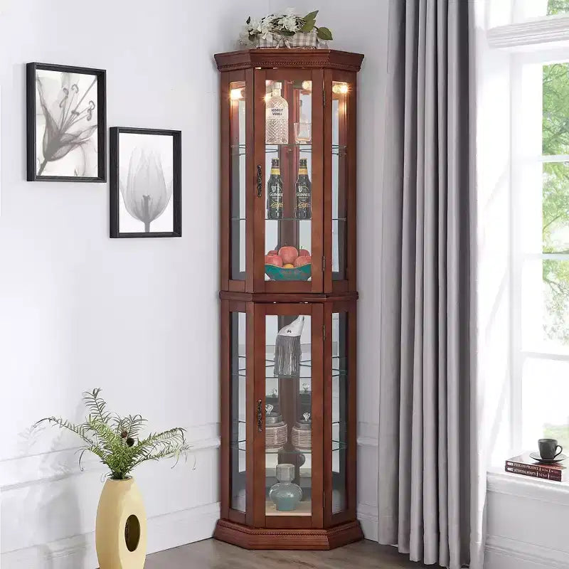 Vitrine d'angle en merisier/chêne/noyer avec portes vitrées et étagères réglables, vitrine à 2 portes