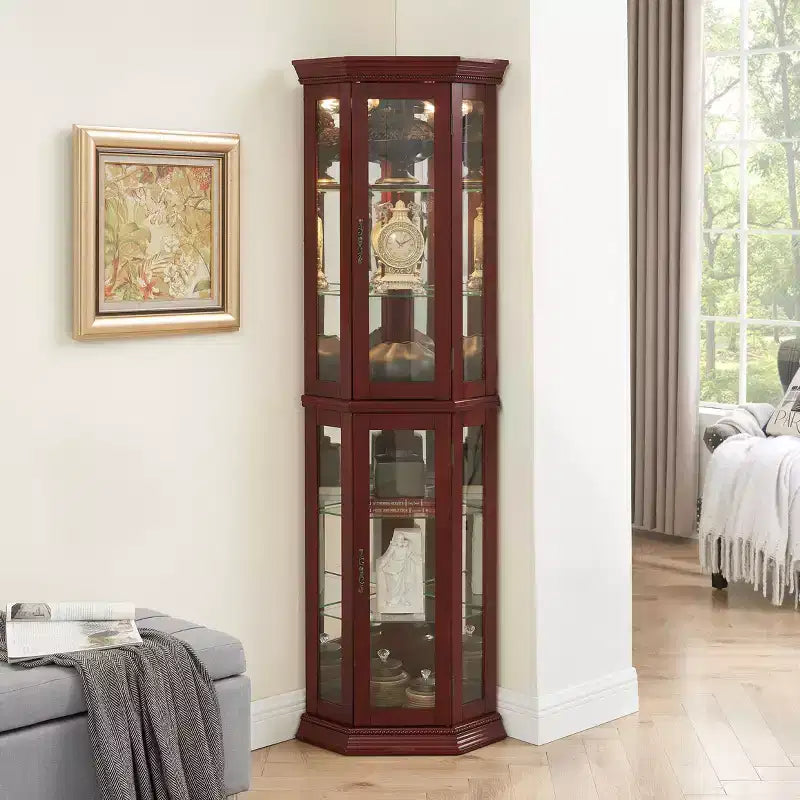Vitrine d'angle en merisier/chêne/noyer avec portes vitrées et étagères réglables, vitrine à 2 portes