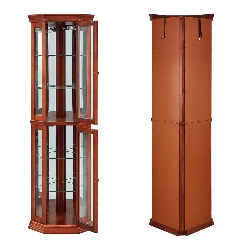 Vitrine d'angle en merisier/chêne/noyer avec portes vitrées et étagères réglables, vitrine à 2 portes