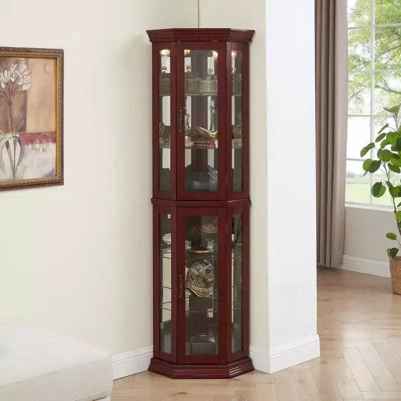 Vitrine d'angle en merisier/chêne/noyer avec portes vitrées et étagères réglables, vitrine à 2 portes