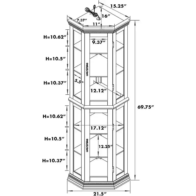 Vitrine d'angle en merisier/chêne/noyer avec portes vitrées et étagères réglables, vitrine à 2 portes