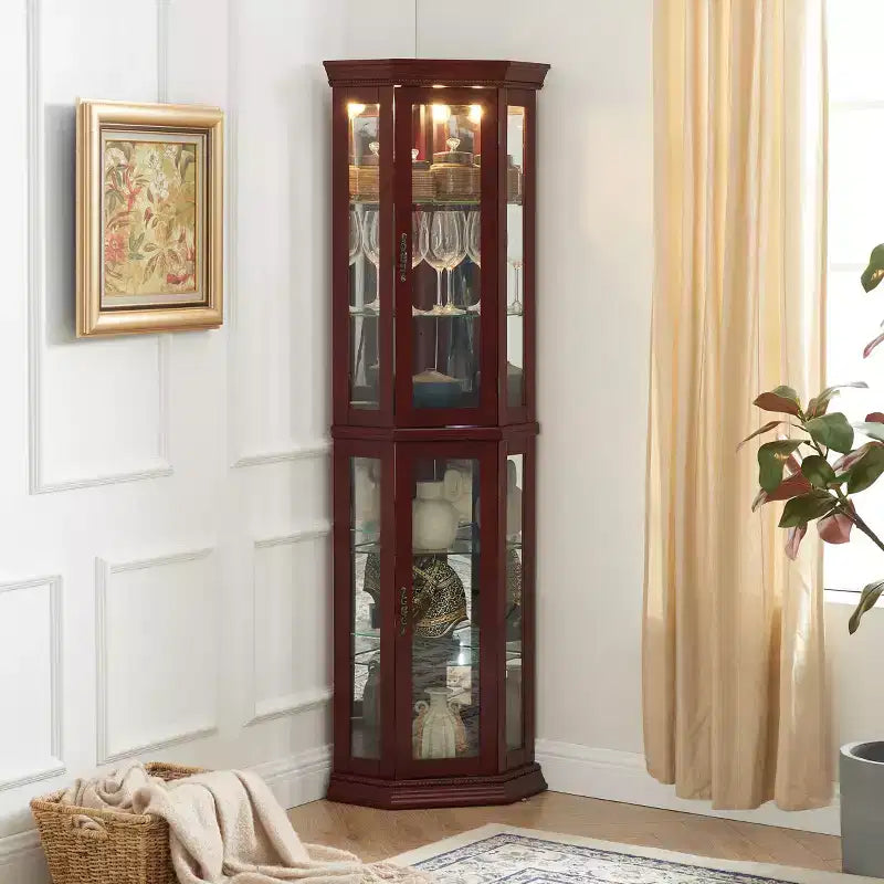 Vitrine d'angle en merisier/chêne/noyer avec portes vitrées et étagères réglables, vitrine à 2 portes