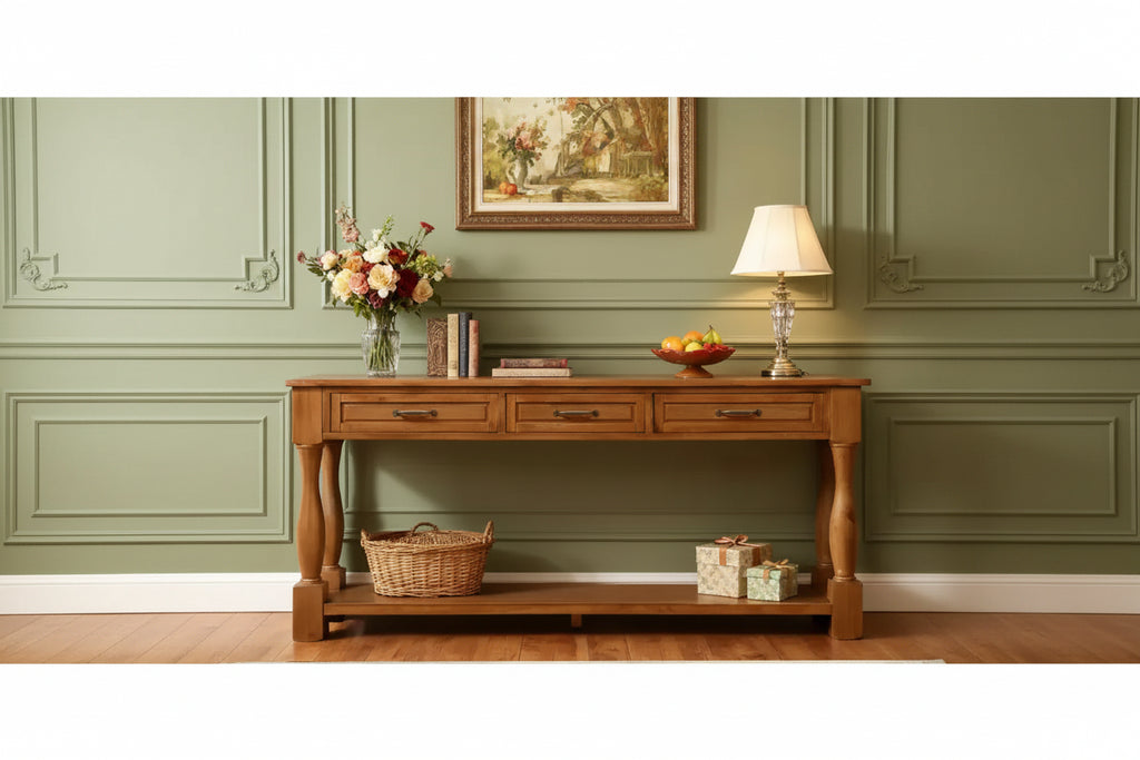 Hostack 63'' Long Wood Console Table with 3 Drawers and 1 Bottom Shelf for Entryway and Hallway, Brown