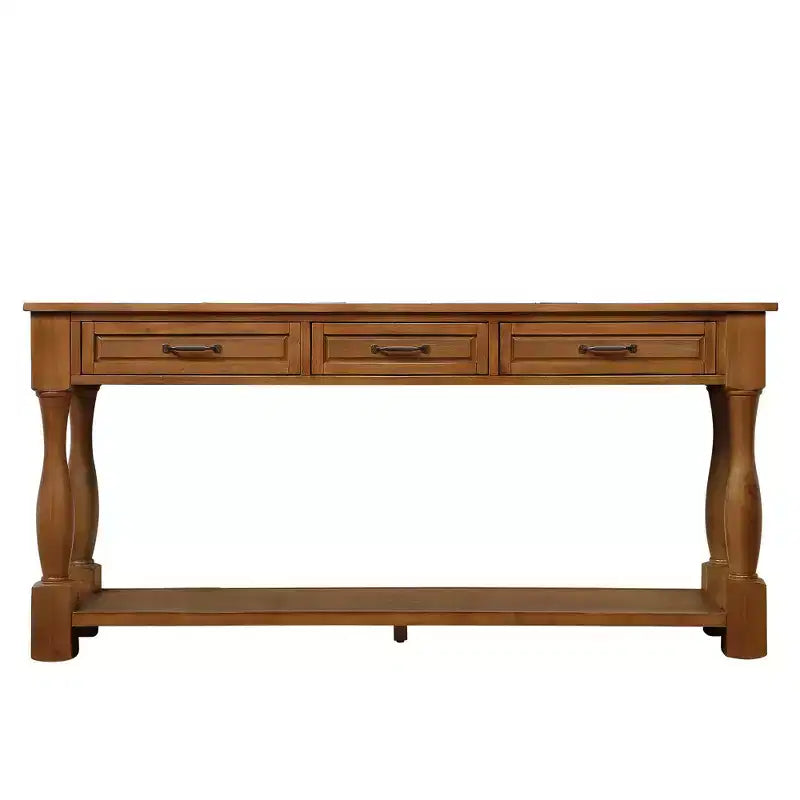 Table console mi-siècle marron avec 3 tiroirs et étagère, montage par 1 personne
