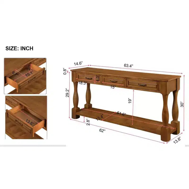 Table console mi-siècle marron avec 3 tiroirs et étagère, montage par 1 personne