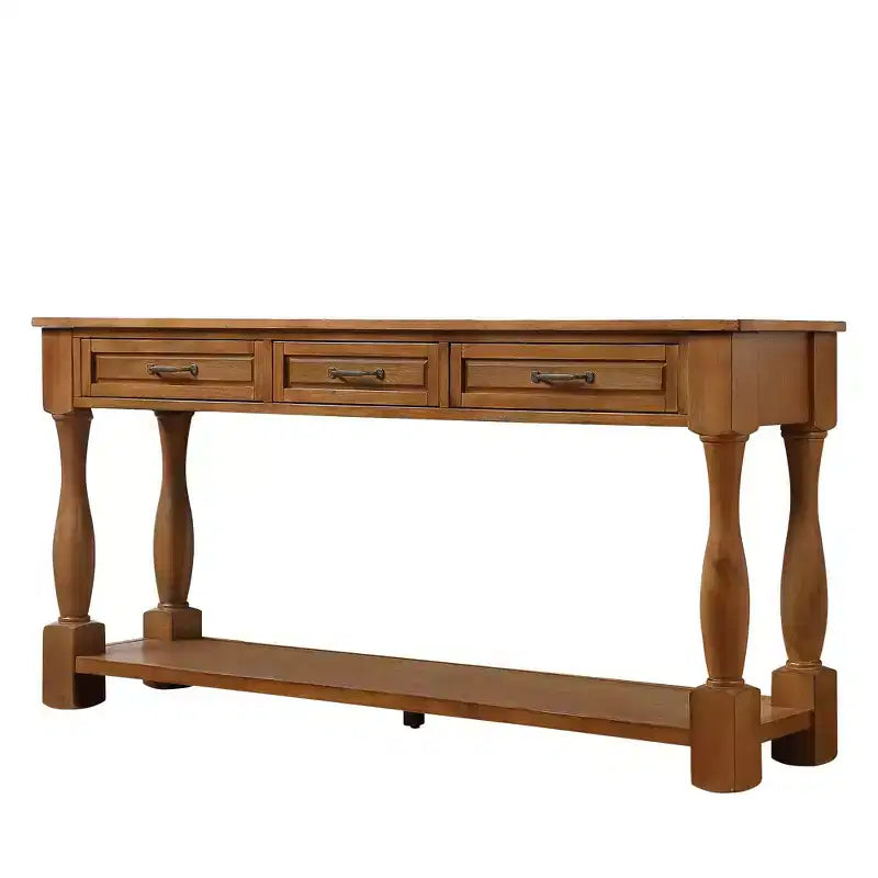Table console mi-siècle marron avec 3 tiroirs et étagère, montage par 1 personne
