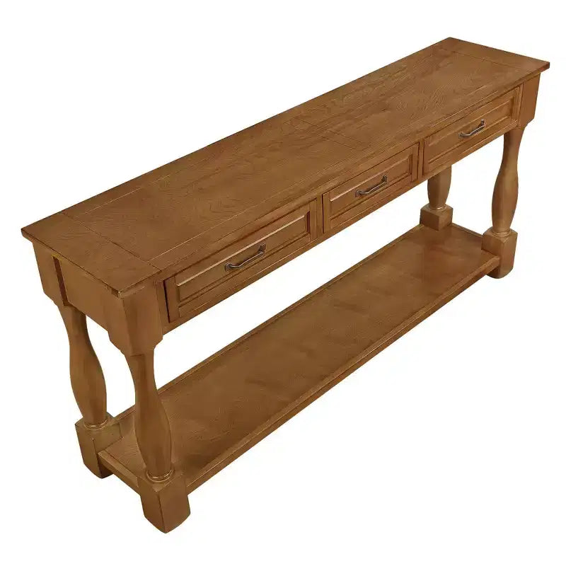 Table console mi-siècle marron avec 3 tiroirs et étagère, montage par 1 personne