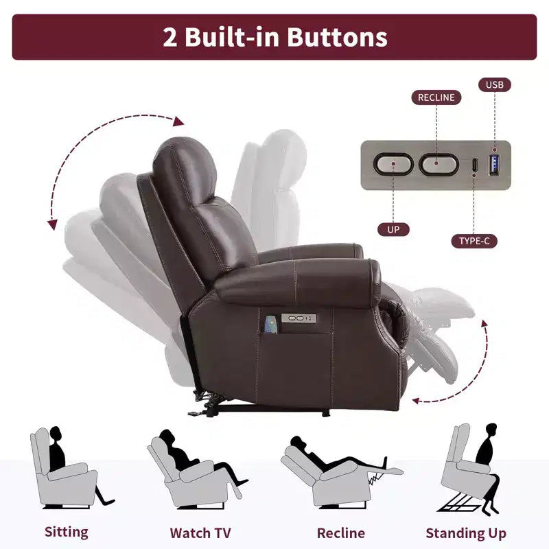 Fauteuil inclinable releveur en cuir véritable avec massage et USB, un seul siège – Noir / Marron / Bleu foncé