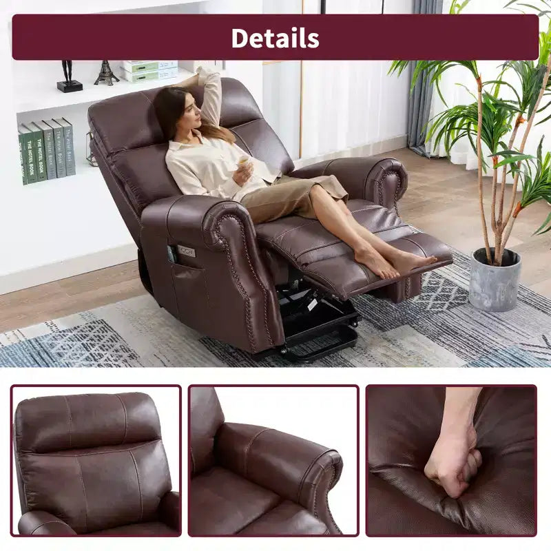 Fauteuil inclinable releveur en cuir véritable avec massage et USB, un seul siège – Noir / Marron / Bleu foncé