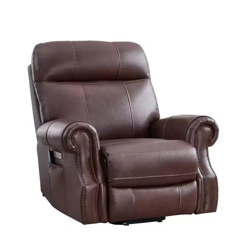 Fauteuil inclinable releveur en cuir véritable avec massage et USB, un seul siège – Noir / Marron / Bleu foncé