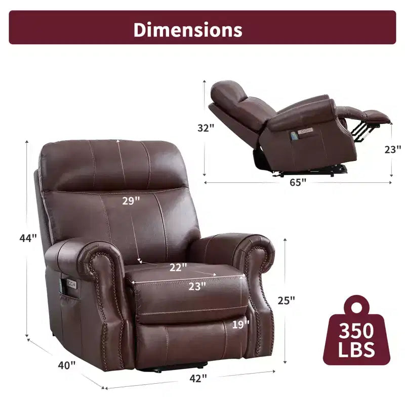 Fauteuil inclinable releveur en cuir véritable avec massage et USB, un seul siège – Noir / Marron / Bleu foncé