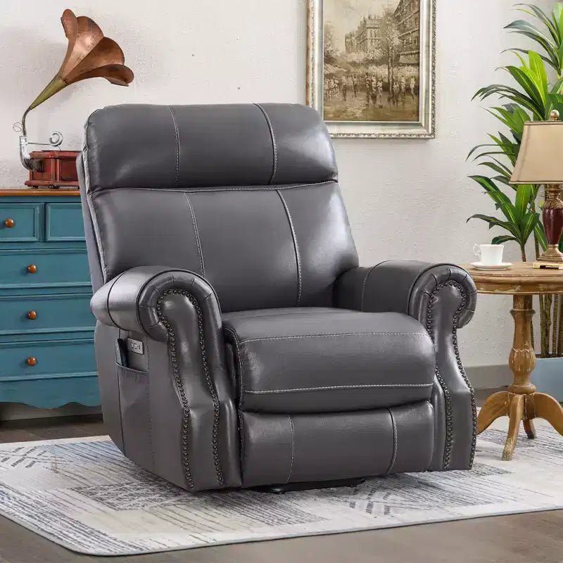 Fauteuil inclinable releveur en cuir véritable avec massage et USB, un seul siège – Noir / Marron / Bleu foncé