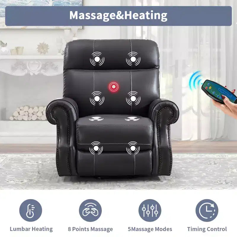 Fauteuil inclinable releveur en cuir véritable avec massage et USB, un seul siège – Noir / Marron / Bleu foncé