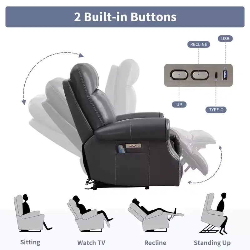 Fauteuil inclinable releveur en cuir véritable avec massage et USB, un seul siège – Noir / Marron / Bleu foncé