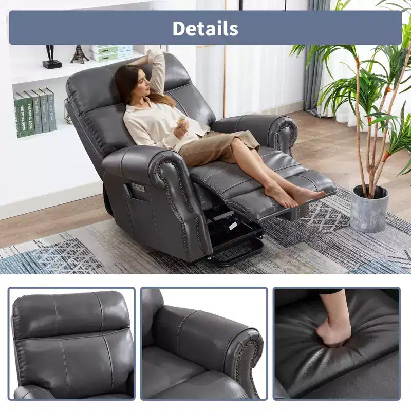 Fauteuil inclinable releveur en cuir véritable avec massage et USB, un seul siège – Noir / Marron / Bleu foncé
