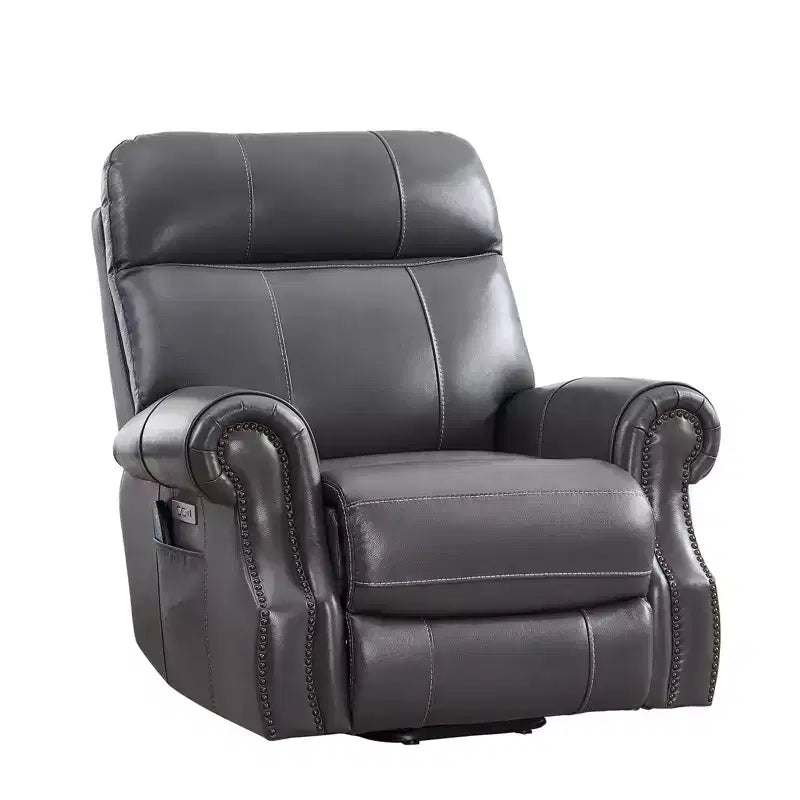 Fauteuil inclinable releveur en cuir véritable avec massage et USB, un seul siège – Noir / Marron / Bleu foncé