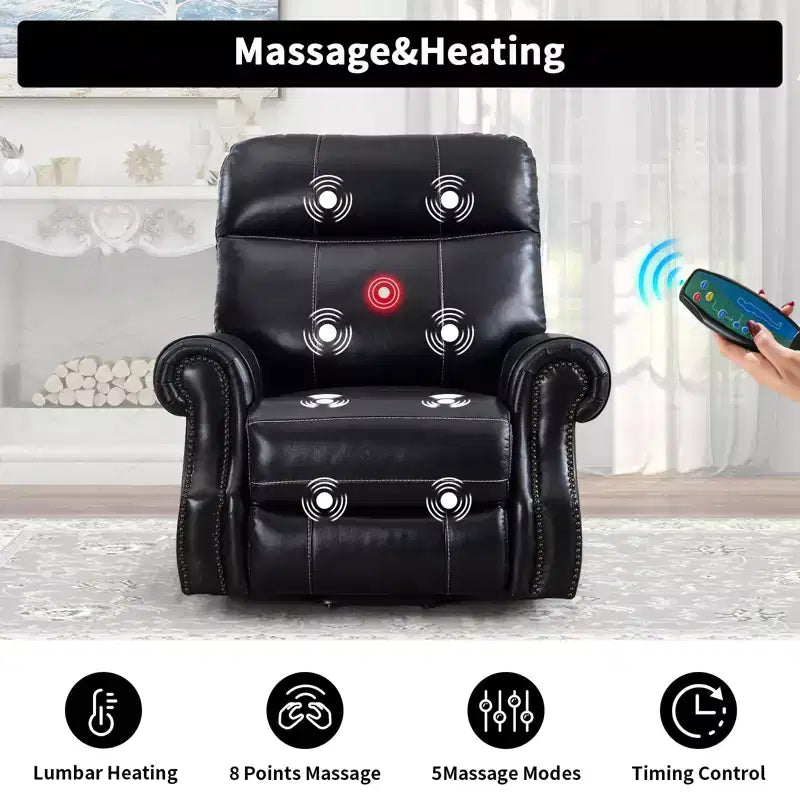 Fauteuil inclinable releveur en cuir véritable avec massage et USB, un seul siège – Noir / Marron / Bleu foncé