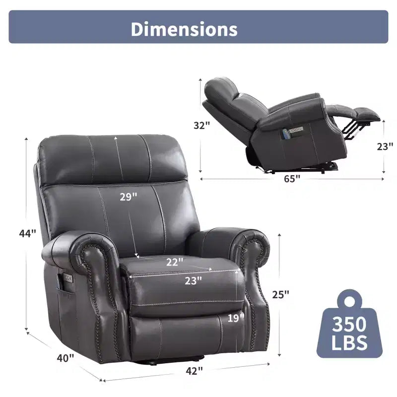 Fauteuil inclinable releveur en cuir véritable avec massage et USB, un seul siège – Noir / Marron / Bleu foncé