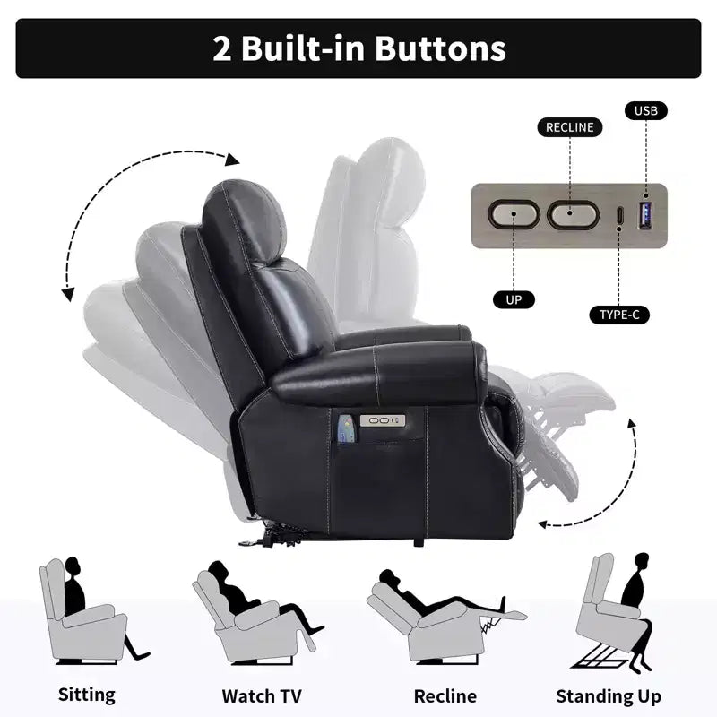 Fauteuil inclinable releveur en cuir véritable avec massage et USB, un seul siège – Noir / Marron / Bleu foncé