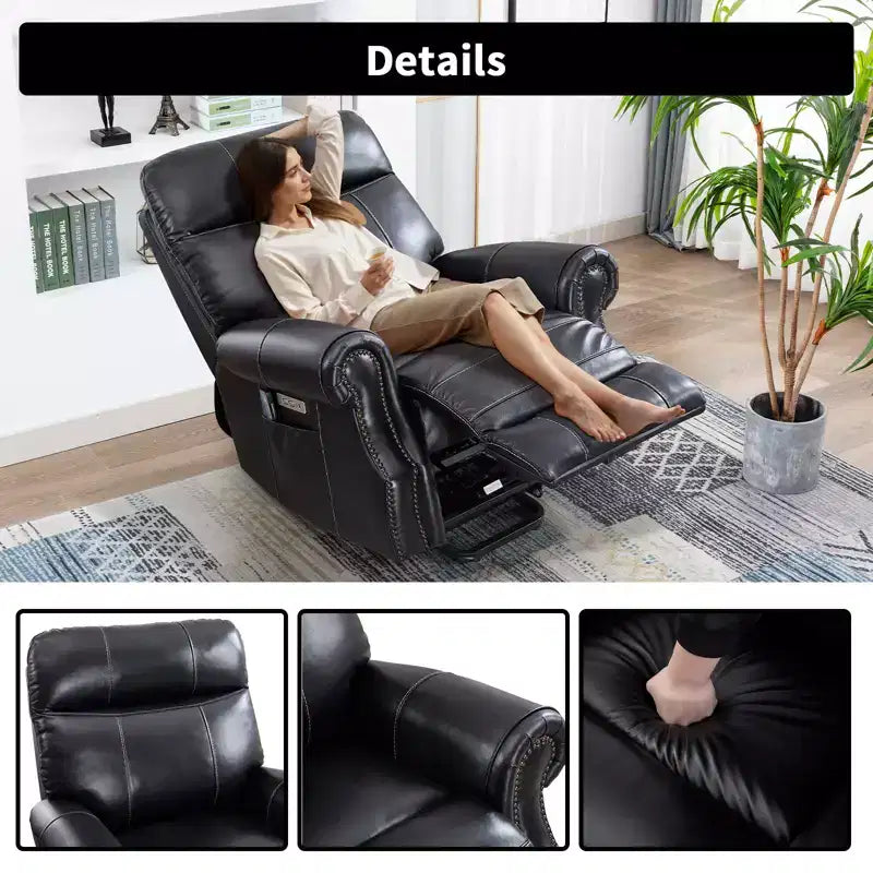 Fauteuil inclinable releveur en cuir véritable avec massage et USB, un seul siège – Noir / Marron / Bleu foncé