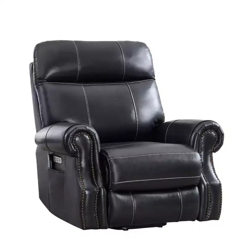 Fauteuil inclinable releveur en cuir véritable avec massage et USB, un seul siège – Noir / Marron / Bleu foncé