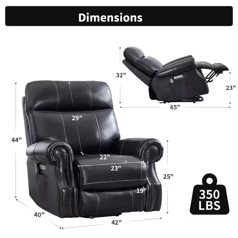 Fauteuil inclinable releveur en cuir véritable avec massage et USB, un seul siège – Noir / Marron / Bleu foncé