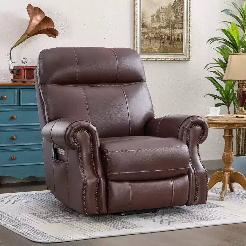 Fauteuil inclinable releveur en cuir véritable avec massage et USB, un seul siège – Noir / Marron / Bleu foncé