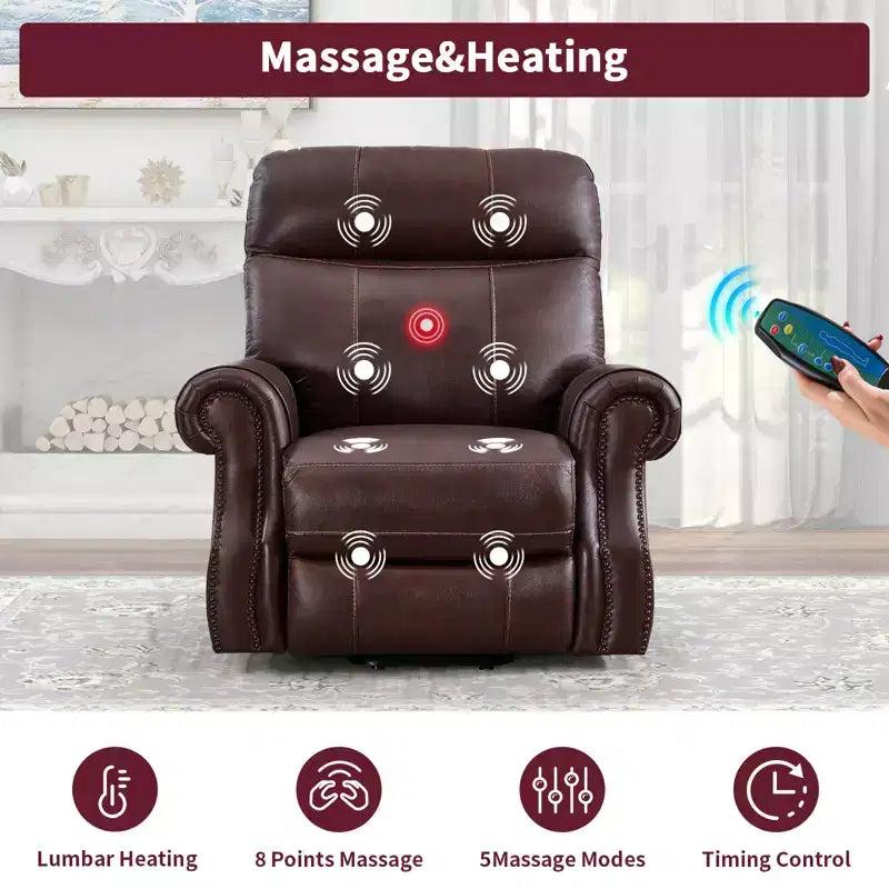 Fauteuil inclinable releveur en cuir véritable avec massage et USB, un seul siège – Noir / Marron / Bleu foncé