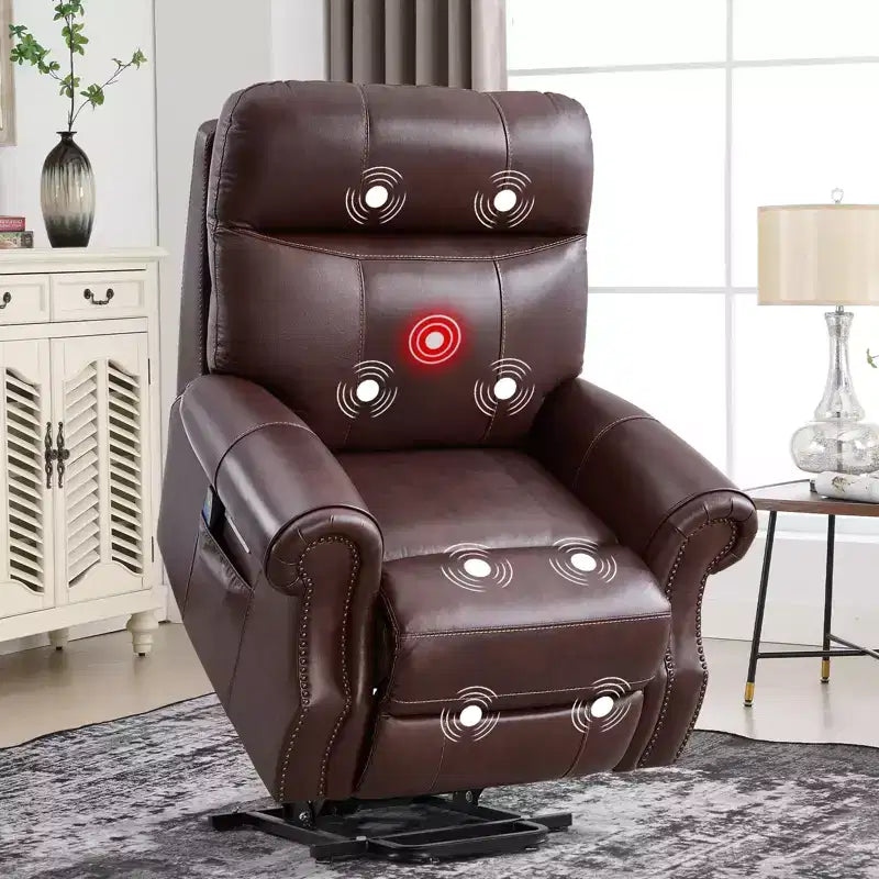 Fauteuil inclinable releveur en cuir véritable avec massage et USB, un seul siège – Noir / Marron / Bleu foncé