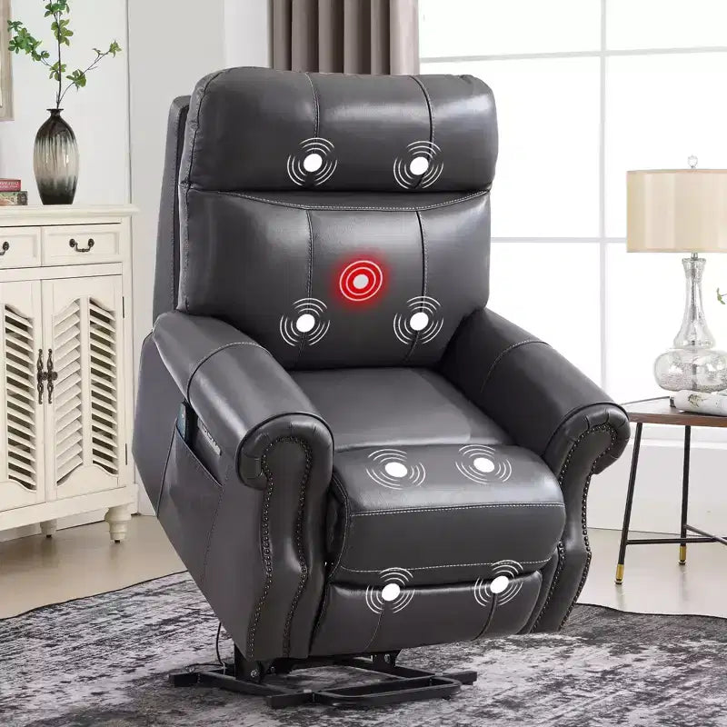 Fauteuil inclinable releveur en cuir véritable avec massage et USB, un seul siège – Noir / Marron / Bleu foncé