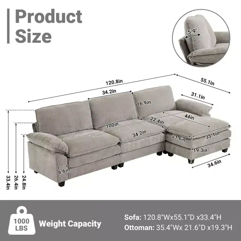 Canapé en chenille 120 po avec pouf, accoudoirs rembourrés, 3 places, brun/gris/vert/orange