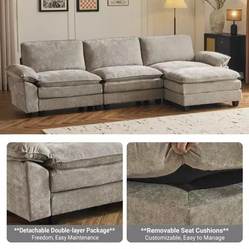 Canapé en chenille 120 po avec pouf, accoudoirs rembourrés, 3 places, brun/gris/vert/orange
