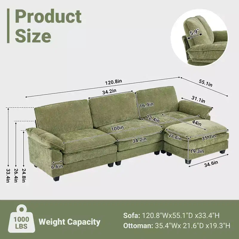 Canapé en chenille 120 po avec pouf, accoudoirs rembourrés, 3 places, brun/gris/vert/orange