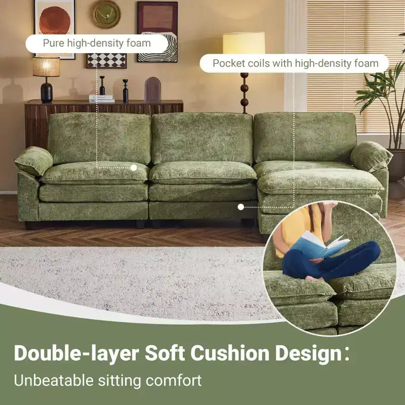Canapé en chenille 120 po avec pouf, accoudoirs rembourrés, 3 places, brun/gris/vert/orange