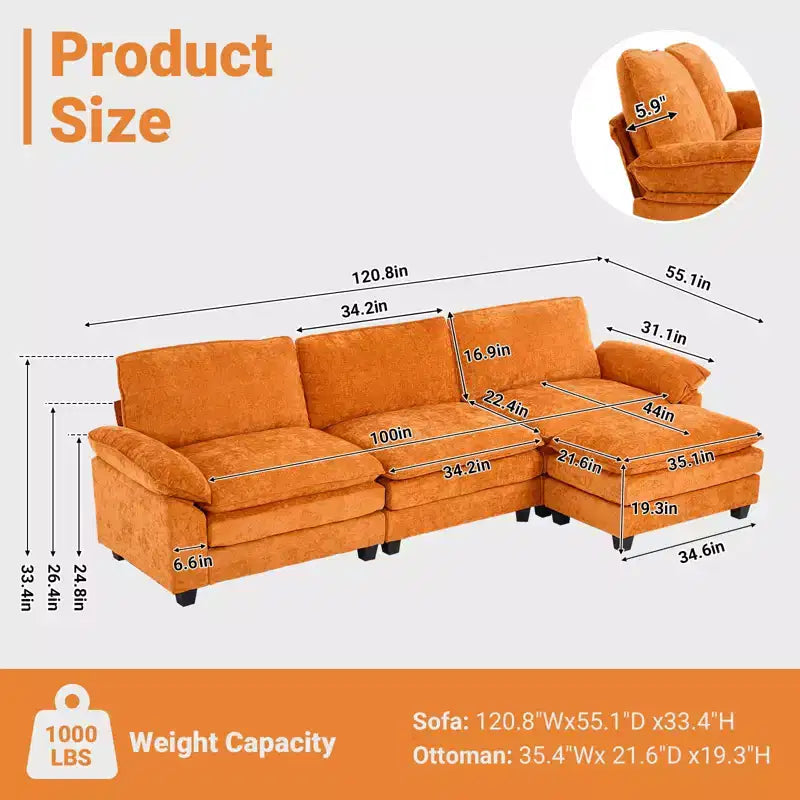Canapé en chenille 120 po avec pouf, accoudoirs rembourrés, 3 places, brun/gris/vert/orange