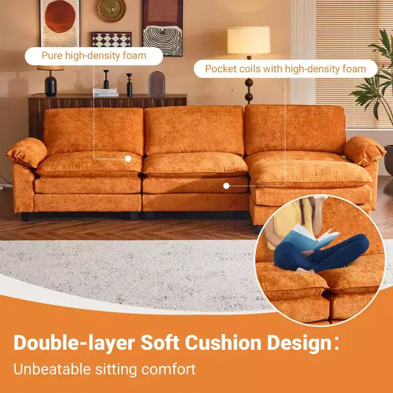 Canapé en chenille 120 po avec pouf, accoudoirs rembourrés, 3 places, brun/gris/vert/orange