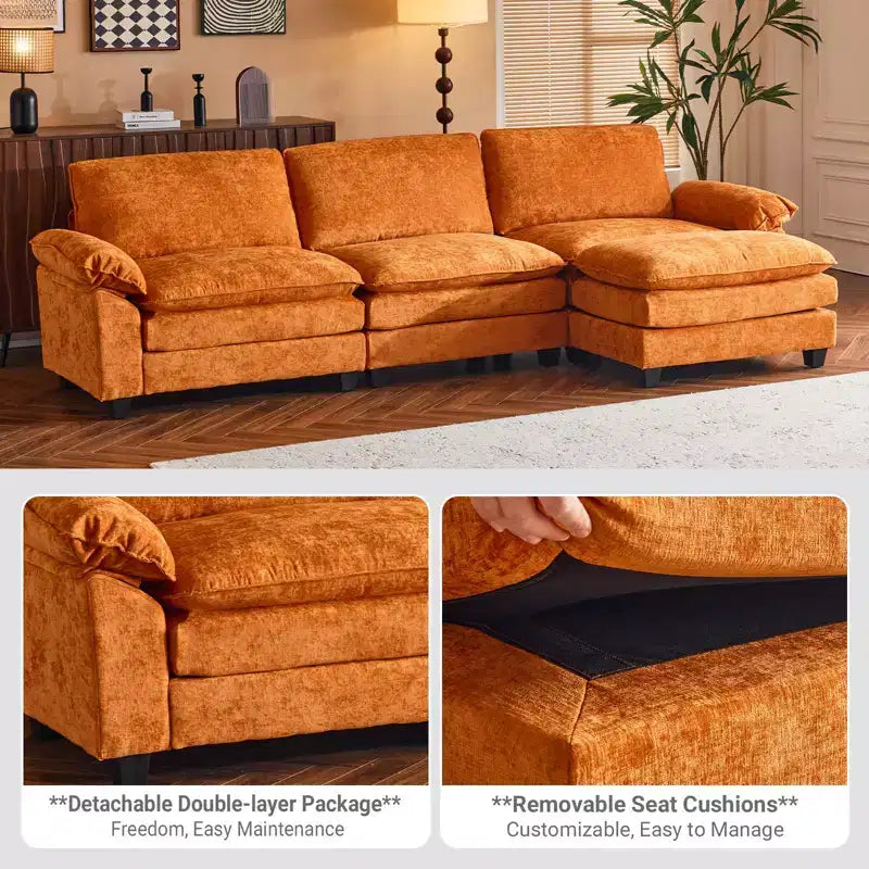 Canapé en chenille 120 po avec pouf, accoudoirs rembourrés, 3 places, brun/gris/vert/orange