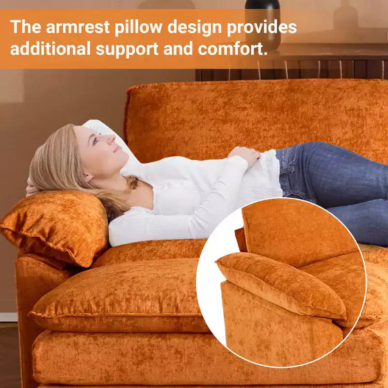 Canapé en chenille 120 po avec pouf, accoudoirs rembourrés, 3 places, brun/gris/vert/orange