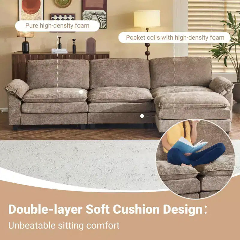 Canapé en chenille 120 po avec pouf, accoudoirs rembourrés, 3 places, brun/gris/vert/orange