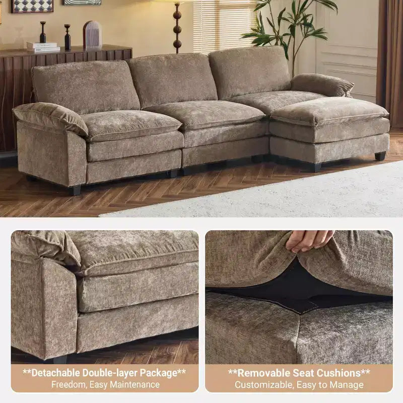 Canapé en chenille 120 po avec pouf, accoudoirs rembourrés, 3 places, brun/gris/vert/orange