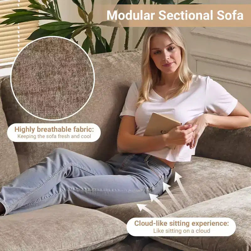 Canapé en chenille 120 po avec pouf, accoudoirs rembourrés, 3 places, brun/gris/vert/orange