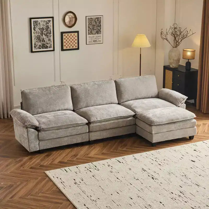 Canapé en chenille 120 po avec pouf, accoudoirs rembourrés, 3 places, brun/gris/vert/orange