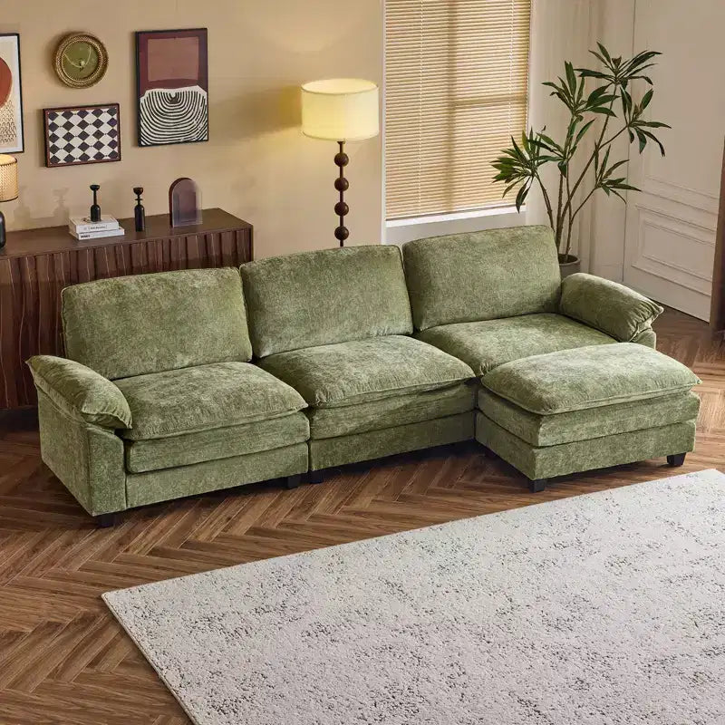 Canapé en chenille 120 po avec pouf, accoudoirs rembourrés, 3 places, brun/gris/vert/orange