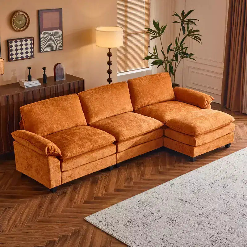 Canapé en chenille 120 po avec pouf, accoudoirs rembourrés, 3 places, brun/gris/vert/orange