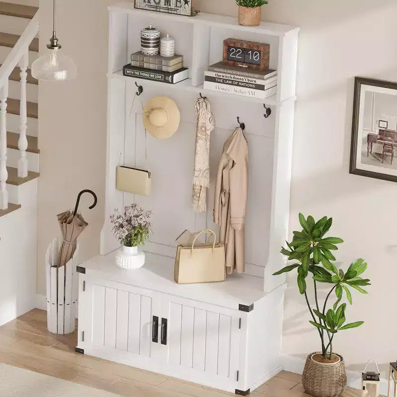 Arbre de vestibule blanc avec banc de rangement pour chaussures, 5 crochets et étagère réglable, porte-manteau d'entrée pour 1 personne