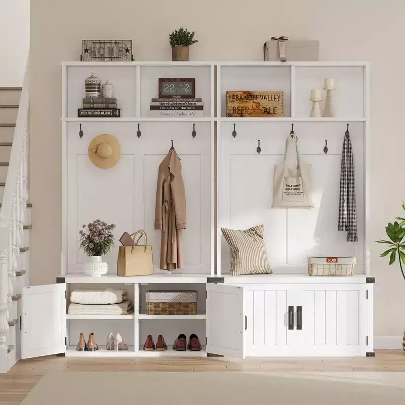 Arbre de vestibule blanc avec banc de rangement pour chaussures, 5 crochets et étagère réglable, porte-manteau d'entrée pour 1 personne