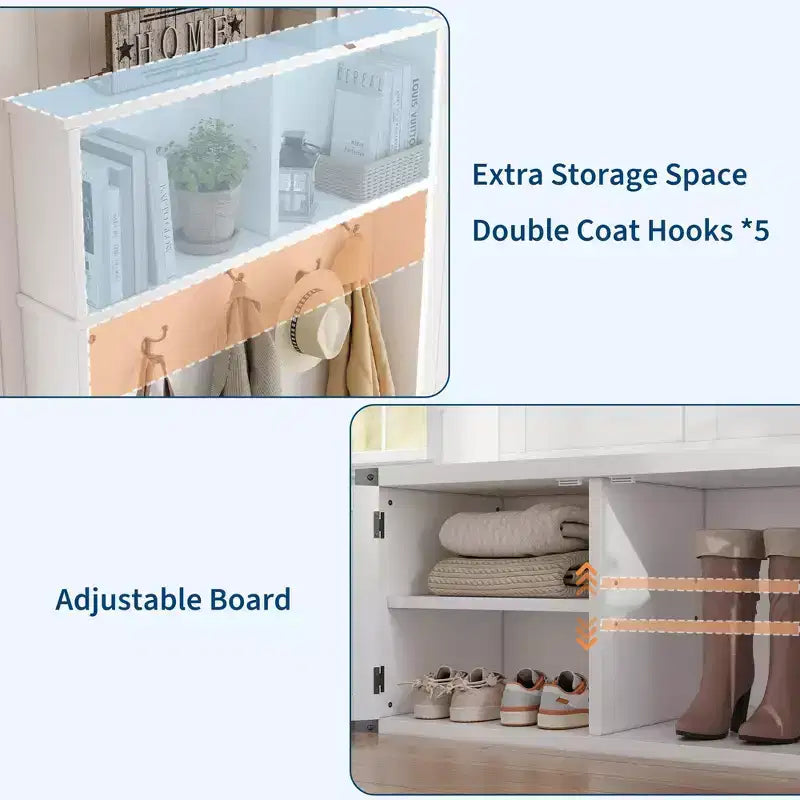 Arbre de vestibule blanc avec banc de rangement pour chaussures, 5 crochets et étagère réglable, porte-manteau d'entrée pour 1 personne