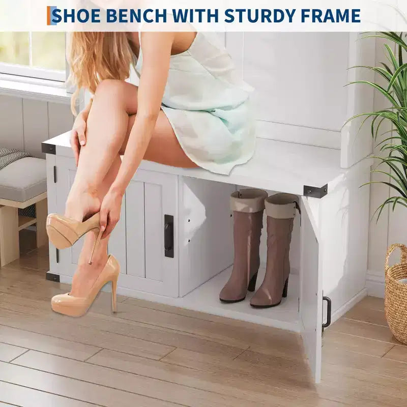 Arbre de vestibule blanc avec banc de rangement pour chaussures, 5 crochets et étagère réglable, porte-manteau d'entrée pour 1 personne