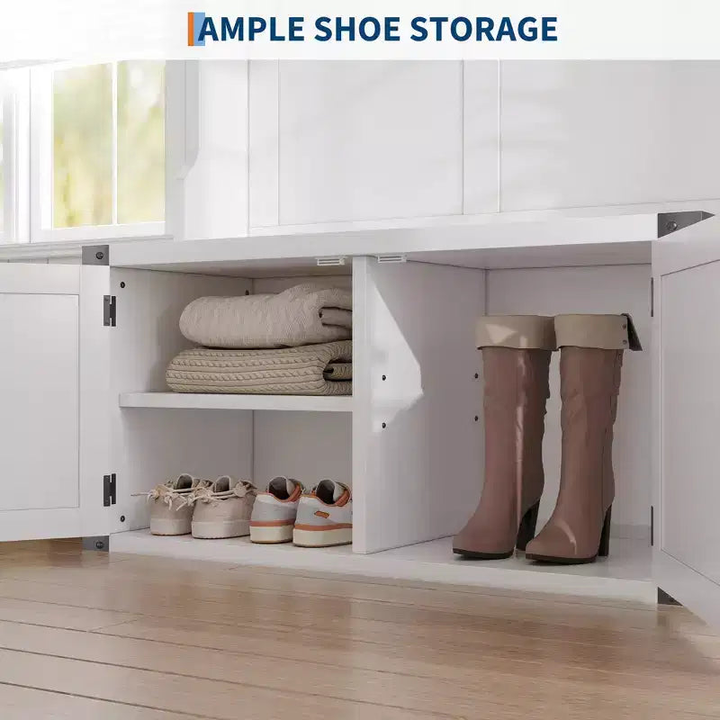 Arbre de vestibule blanc avec banc de rangement pour chaussures, 5 crochets et étagère réglable, porte-manteau d'entrée pour 1 personne